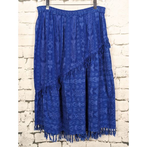 Dresses & Skirts - Peasant Boho Ikat Print 100% Cotton Ethnic Purple-Blue Fringe Maxi Skirt Large